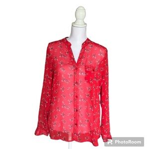 Kut from the Kloth Chiffon Floral Button Down Blouse-long, roll tab sleeves, M